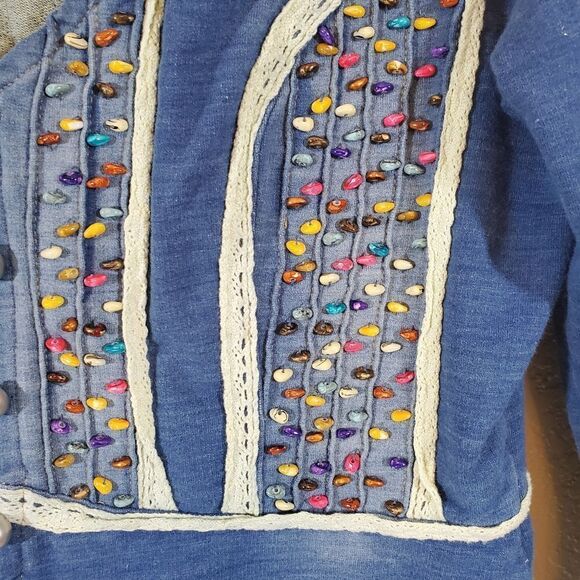 Freda Five Beaded Stretch Denim Boho Art to Wear Distressed Jacket - Picture 9 of 10